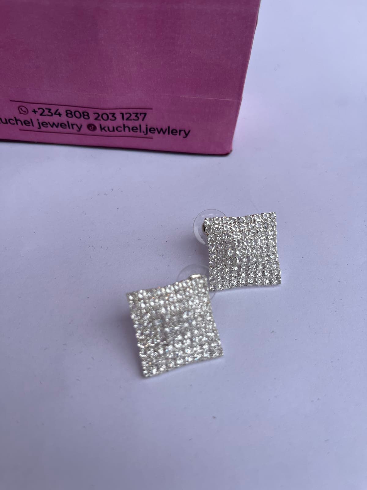 Silver-Stoned Square Stud Earrings