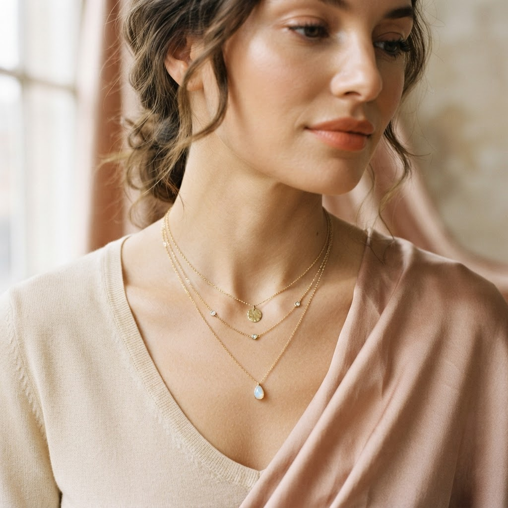 Woman wearing layered gold jewelry